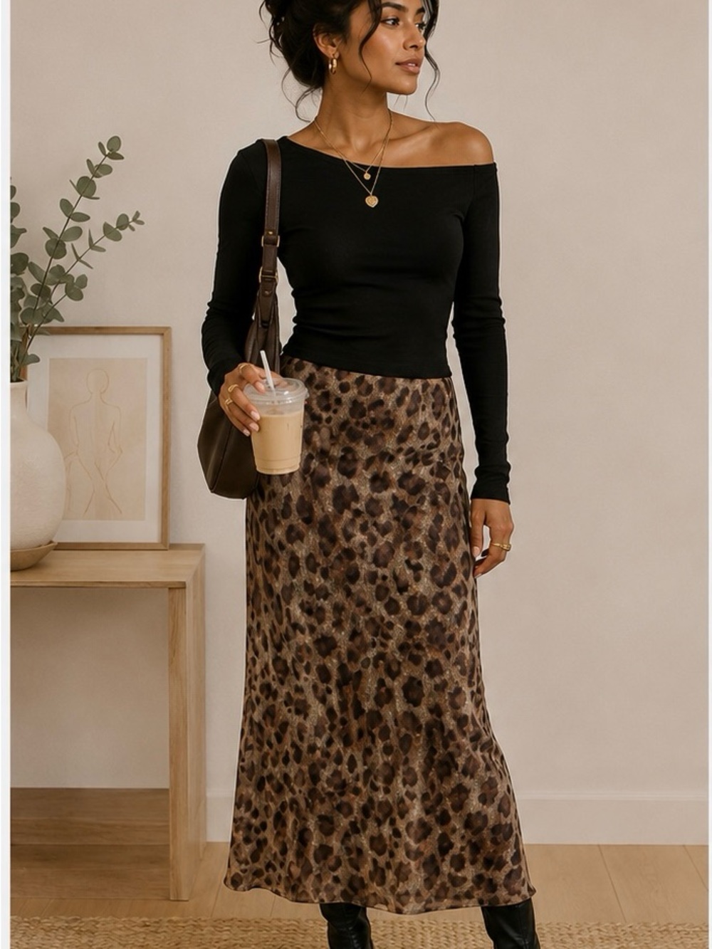 Leopard Print Maxi Skirt - Brown